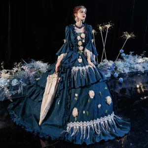 Vintage Mittelalterlich Viktorianischer Stil Tintenblau Ballkleid Ballkleider 2021 Eckiger Ausschnitt Gekreuzte Träger Lange 3 4 Ärmel 3 D Spitze Blumen Perle Quaste Drucken Cosplay Ball Festliche Kleider