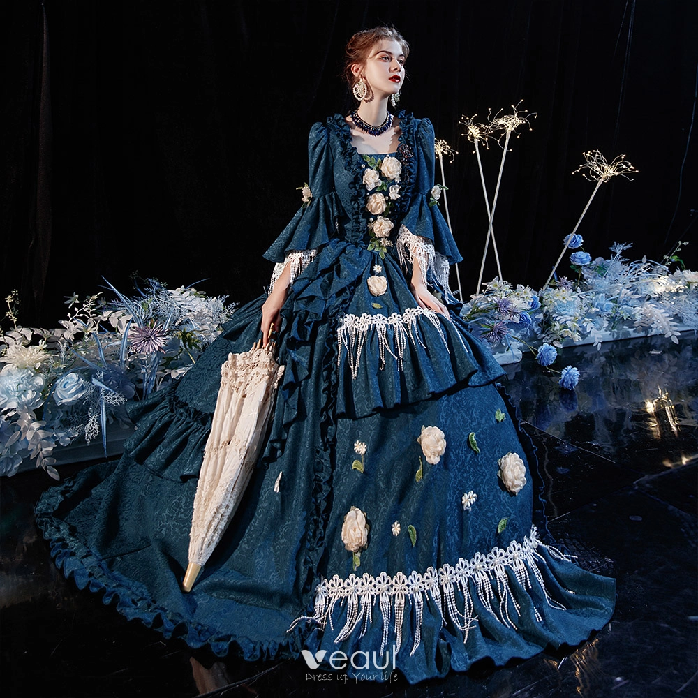 Vintage Originale Medievale Style Victorien Bleu D encre Robe Boule Robe De Bal 2021 Encolure Carree Bretelles croisees Longue 3 4 Manches Dentelle 3D Fleur Perle Gland Impression Cosplay Promo Robe D...