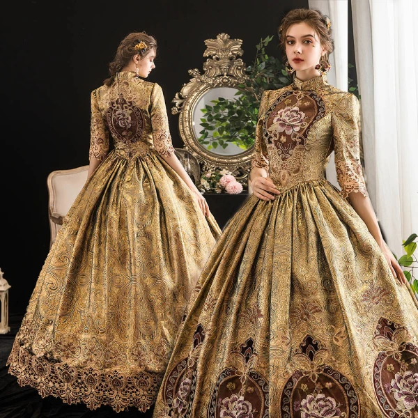 Vintage / Retro Medieval Gold Ball Gown Prom Dresses 2021 1/2 Sleeves High Neck Floor-Length / Long Zipper Up 3D Lace Printing Satin Cosplay Formal Dresses