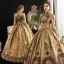 Vintage / Retro Medieval Gold Ball Gown Prom Dresses 2021 1/2 Sleeves High Neck Floor-Length / Long Zipper Up 3D Lace Printing Satin Cosplay Formal Dresses