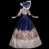 Vintage / Retro Medieval Navy Blue Ball Gown Prom Dresses 2021 Scoop Neck Long Sleeve Floor-Length / Long Lace Satin Printing Prom Formal Dresses