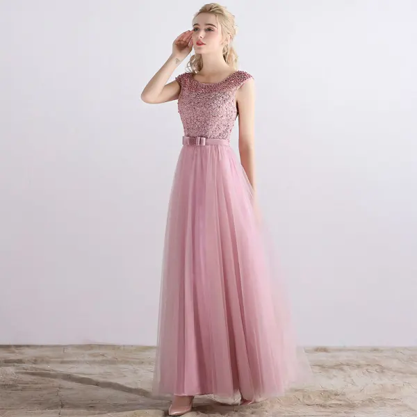 Affordable Bridesmaid Dresses 2017 A-Line / Princess Short Sleeve Backless Pearl Tulle Sash Floor-Length / Long Wedding Party Dresses