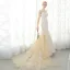 Romantique Champagne Robe De Mariée 2017 Trompette / Sirène 3/4 Manches Appliques En Dentelle Fleur Perlage Cristal Volants Tribunal Train