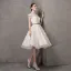 Elegant Champagne Wedding Dresses 2017 A-Line / Princess Square Neckline Short Sleeve Appliques Lace Bow Sash Pearl Knee-Length