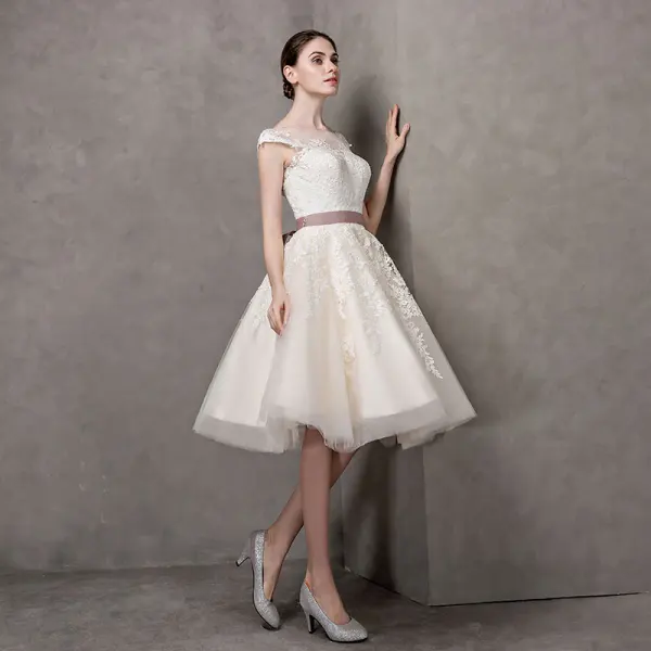 Elegant Champagne Wedding Dresses 2017 A Line Princess Square Neckline Short Sleeve Appliques Lace Bow Sash Pearl Knee Length Elegant Champagne Wedding Dresses 2017 A Line Princess Square Neckline Short Sleeve Appliques Lace Bow Sash Pearl Knee Length