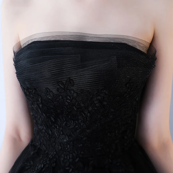 Schöne Partykleider Schwarz 2017 Gekreuzte Träger Applikationen Rückenfreies Riemchen Chiffon Spitze Bandeau Ärmellos Cocktail