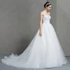 Modest / Simple White Wedding Dresses 2017 A-Line / Princess Sleeveless Sweetheart Backless Organza Ruffle Court Train