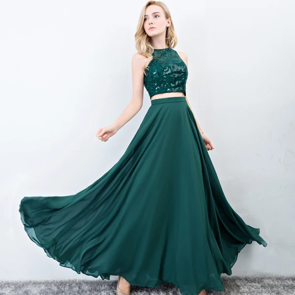 2 Pièces Bleu Marine Robe De Bal 2017 Princesse Encolure Dégagée Sans Manches Longue Volants Chiffon Robe De Ceremonie