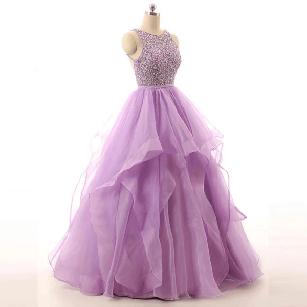 Romantic Lilac Prom Dresses Ball Gown Scoop Neck Sleeveless Backless Spaghetti Straps Organza Formal Dresses