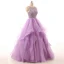 Romantic Lilac Prom Dresses Ball Gown Scoop Neck Sleeveless Backless Spaghetti Straps Organza Formal Dresses