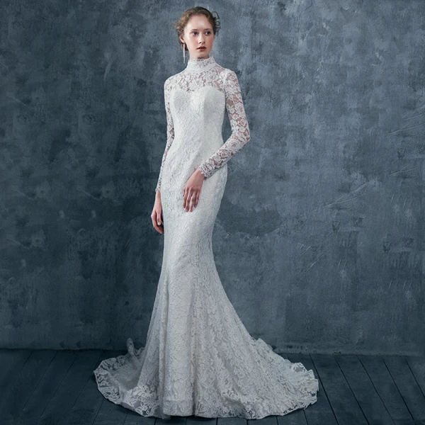Vintage / Originale Ivoire Dentelle Robe De Mariée 2017 Trompette / Sirène Col Haut Manches Longues Dos Nu Laçage Tribunal Train
