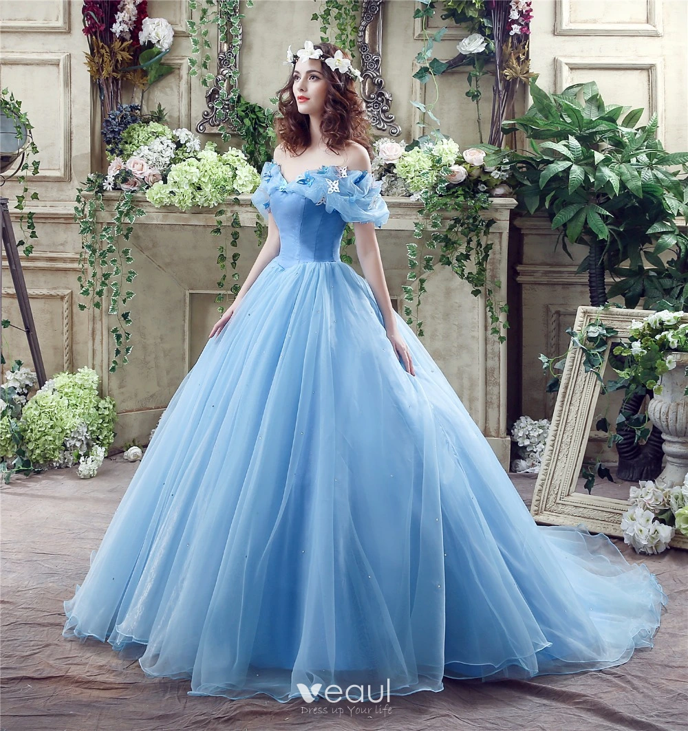 Cinderella Prom Dresses 2017 Off The Shoulder Short Sleeve Beading Rhinestone Butterfly Sweep Train Glitter Organza Ball Gown Formal Dresses