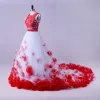Stunning 2 Piece Red White Wedding Dresses 2017 Scoop Neck Strapless Sleeveless Ruffle Flower Ball Gown Chapel Train
