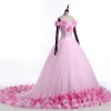 Stunning Candy Pink Flower Wedding Dresses 2017 V-Neck Off-The-Shoulder Ruffle Tulle Ball Gown Prom Dresses Chapel Train