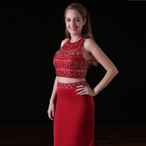 Sparkly 2 Piece Burgundy Evening Dresses 2017 Trumpet / Mermaid Halter Sleeveless Beading Crystal Rhinestone Satin Chiffon Backless Formal Dresses