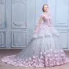 Stunning Amazing / Unique Wedding Dresses 2017 Scoop Neck Sleeveless Appliques Bow Lace Blushing Pink Flower Grey Organza Ball Gown Prom Dresses Chapel Train