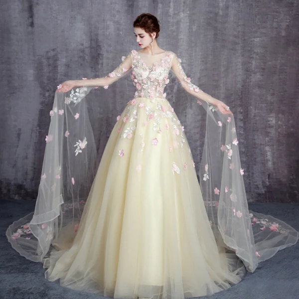 Flower Fairy Yellow Prom Dresses 2017 A-Line / Princess Scoop Neck Long Sleeve Appliques Flower Ruffle Tulle Royal Train Formal Dresses