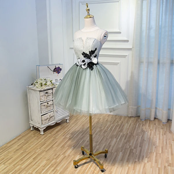 Chic / Beautiful Sage Green Cocktail Dresses 2017 A-Line / Princess Organza U-Neck Appliques Backless Embroidered Homecoming Cocktail Party Formal Dresses