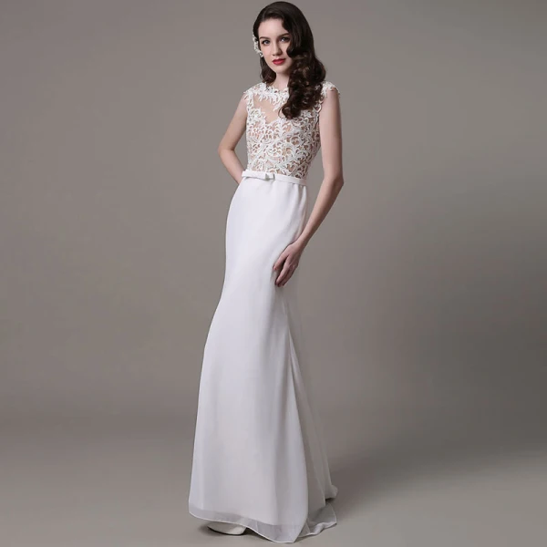 Modern / Fashion White Trumpet / Mermaid Beach Chiffon Wedding Dresses 2017 Scoop Neck Sleeveless Pearl Appliques Lace Sweep Train