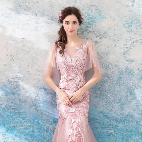 Modern / Fashion Blushing Pink 2018 Evening Dresses Summer V-Neck Tulle Lace Appliques Backless Floor-Length / Long Trumpet / Mermaid Evening Party Formal Dresses