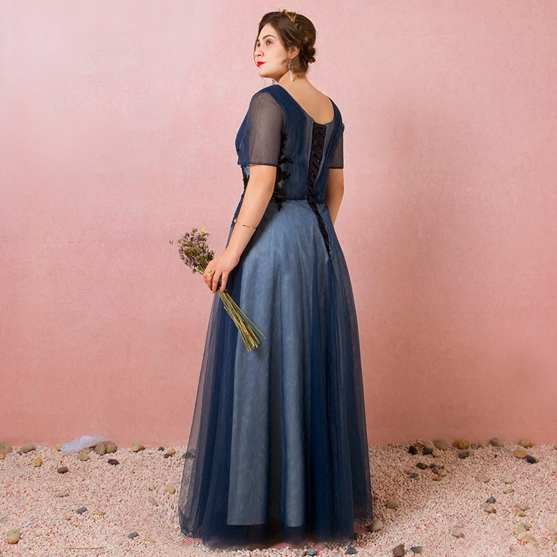 Classic Elegant Navy Blue Plus Size Evening Dresses 2018 A-Line Princess U-Neck Tulle