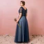 Classique Élégant Bleu Marine Grande Taille Robe De Soirée 2018 Princesse U-Cou Tulle Bretelles croisées Appliques Dos Nu Perlage Été Manches Courtes Soirée Robe De Ceremonie