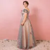 Flower Fairy Ocean Blue Plus Size Prom Dresses 2018 A-Line / Princess Tulle V-Neck Backless Printing Prom Spring Evening Party Evening Dresses