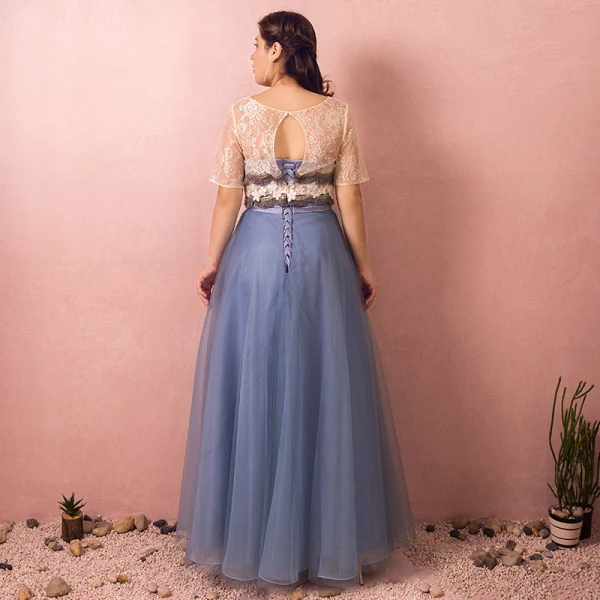 Chic / Beautiful Sky Blue Plus Size Evening Dresses 2018 A-Line / Princess U-Neck Tulle Appliques Backless Beading Evening Party Prom Dresses