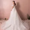 Luxury / Gorgeous Ivory Plus Size Wedding Dresses 2018 A-Line / Princess Tulle U-Neck Lace-up Appliques Backless Beading Sequins Wedding