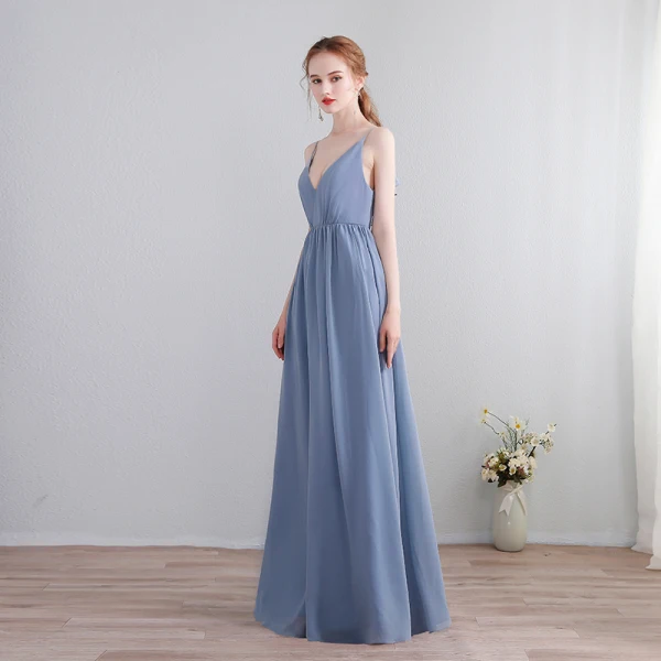 Schlicht Himmelblau Lange Abendkleider 2018 A Linie Chiffon V-Ausschnitt Schnüren Schaltflächen Rückenfreies Abend Festliche Kleider