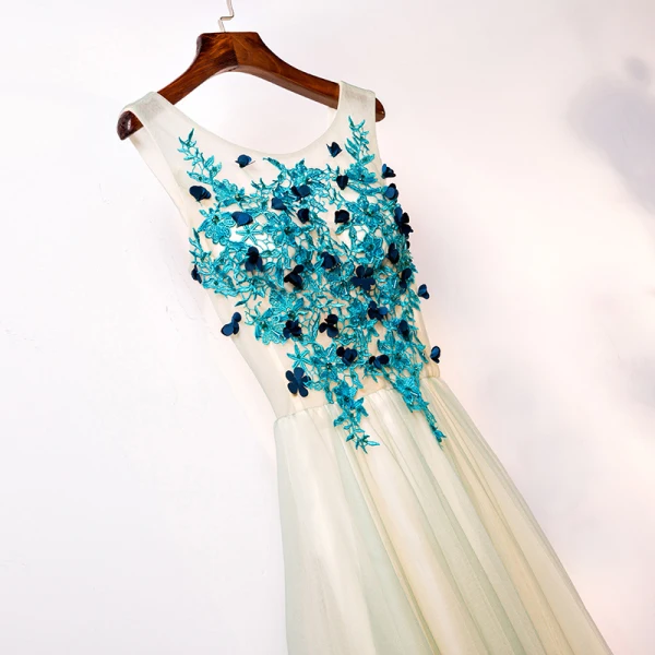 Chic / Beautiful Floor-Length / Long Pool Blue Evening Dresses  2018 A-Line / Princess Tulle U-Neck Lace-up Appliques Backless Evening Party Formal Dresses