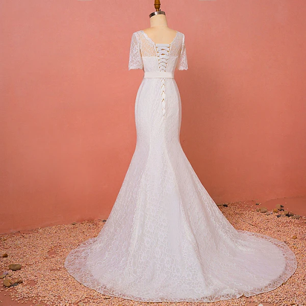 Chic / Beautiful Ivory Plus Size Chapel Train Wedding Dresses 2018 Trumpet / Mermaid V-Neck Tulle 1/2 Sleeves Appliques Pierced Wedding