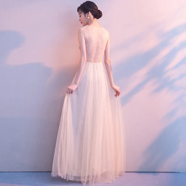 Amazing / Unique Beige Floor-Length / Long Evening Dresses  2018 A-Line / Princess U-Neck Tulle Backless Beading Pearl Sequins Evening Party Formal Dresses