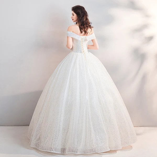 Scintillantes Bling Bling Blanche Longue Mariage 2018 Ciel étoilé Tulle Bustier Dos Nu Perlage Paillettes Robe Boule Robe De Mariée