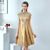 Chic / Beautiful Gold Evening Dresses  2017 A-Line / Princess Lace Appliques Beading Evening Party Formal Dresses