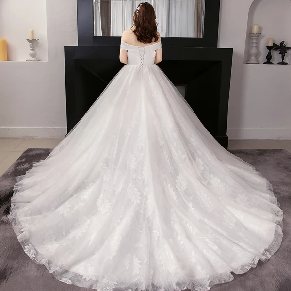 Unique Blanche Robe Boule Robe De Mariée 2019 Appliques Dos Nu Dentelle Tulle Bustier Chapel Train Mariage