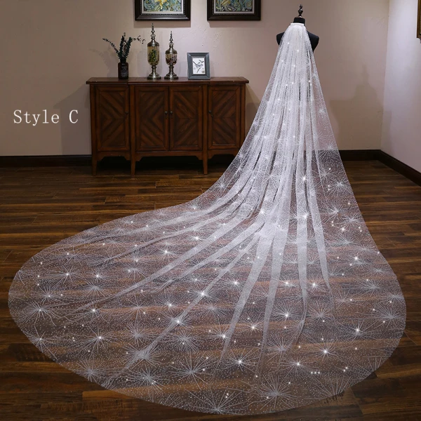 Glitter Bling Bling Witte Tule Glans Kerk Chapel Train Bruidssluier 2019