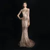 Modern / Fashion Champagne Court Train Evening Dresses  2018 V-Neck Trumpet / Mermaid Zipper Up Backless Beading Sequins Polyester Evening Party Formal Dresses