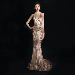 Mode Champagner Hof Schleppe Abendkleider 2018 V Ausschnitt Mermaid Reißverschluss Rückenfreies Perlenstickerei Pailletten Polyester Abend Festliche Kleider