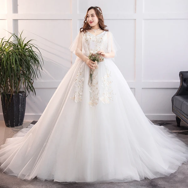 Schöne Weiß Übergröße Brautkleider / Hochzeitskleider 2019 A Linie Tülle Spitze V-Ausschnitt Applikationen Rückenfreies Kapelle-Schleppe Hochzeit