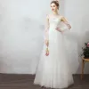 Modest / Simple White Evening Dresses  2019 A-Line / Princess Lace Tulle U-Neck Long Sleeve Appliques Backless Embroidered Honeymoon Resort Wear Summer Formal Dresses