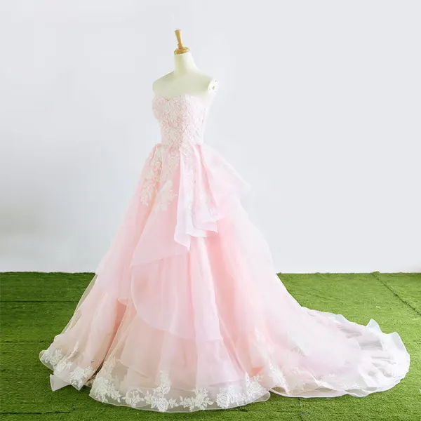 Herlig Prinsesse Kjæreste Uten Ermer Rødmende Rosa Organza Brudekjoler 2017 Appliques Blonder Buste Domstol Tog
