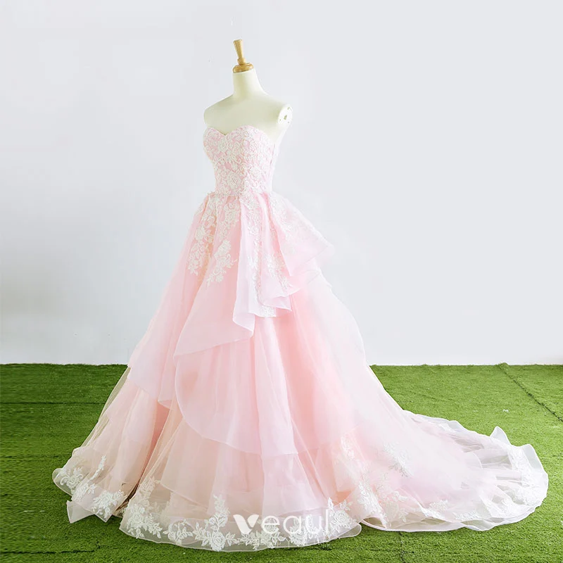 Pink Organza Sweetheart Appliques A-line Wedding Dress