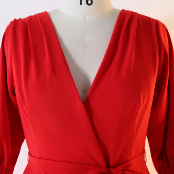Klassisch Elegante Rot Übergröße Abendkleider 2020 A Linie V-Ausschnitt Chiffon Einfarbig Schaltflächen Lange Ärmel Knielang Kurze Abend Festliche Kleider