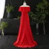 Modest / Simple Red Plus Size Evening Dresses  2020 Trumpet / Mermaid Off-The-Shoulder Zipper Up Solid Color Sleeveless Backless Sweep Train Evening Party Formal Dresses