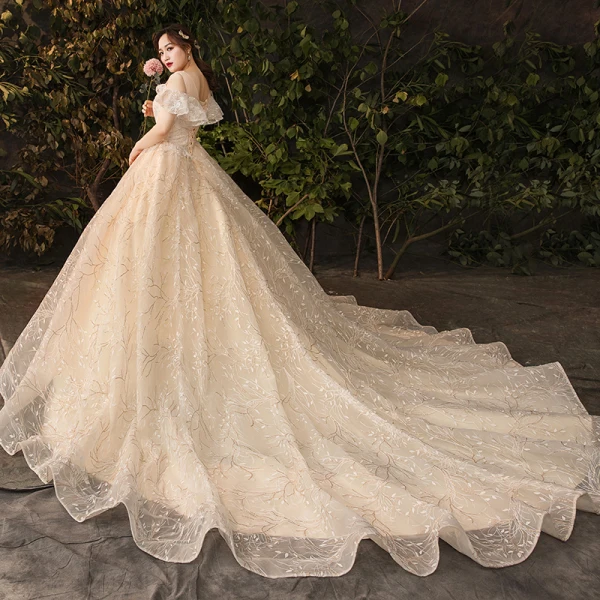 Sparkly Bling Bling Champagne Wedding Dresses 2019 A-Line / Princess Lace Tulle Floral Plus Size Embroidered Glitter Sequins Strapless Chapel Train Wedding