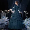 Vintage / Retro Medieval Victorian Style Ink Blue Ball Gown Prom Dresses 2021 Square Neckline Crossed Straps Floor-Length / Long 3/4 Sleeve 3D Lace Flower Pearl Tassel Printing Cosplay Prom Formal Dresses