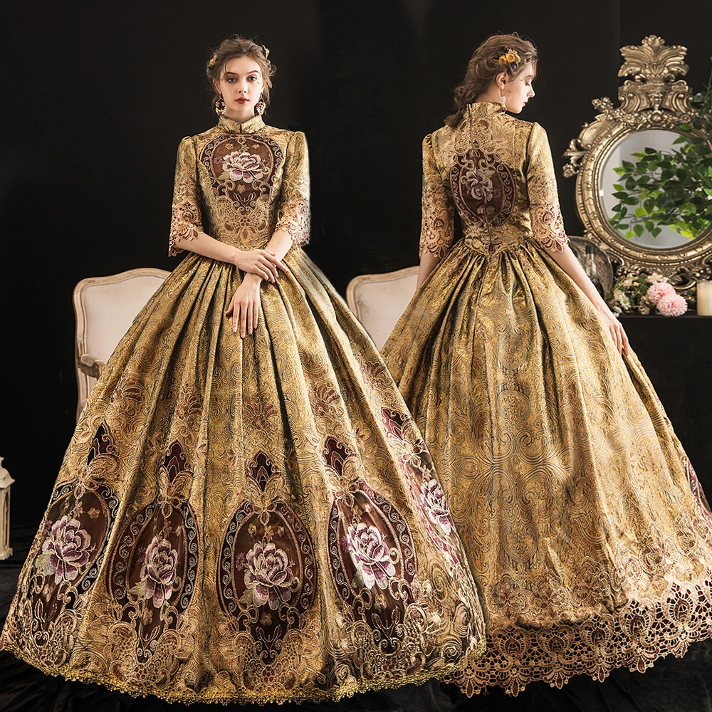 Vintage Retro Medieval Gold Ball Gown Prom Dresses 2021 1 2 Sleeves High Neck Floor Length Long Zipper Up 3d Lace Printing Satin Cosplay Formal Dresses Vintage Retro Medieval Gold Ball Gown Prom Dresses 2021 1 2 Sleeves High Neck Floor Length Long Zipper Up 3d Lace Printing Satin Cosplay Formal Dresses