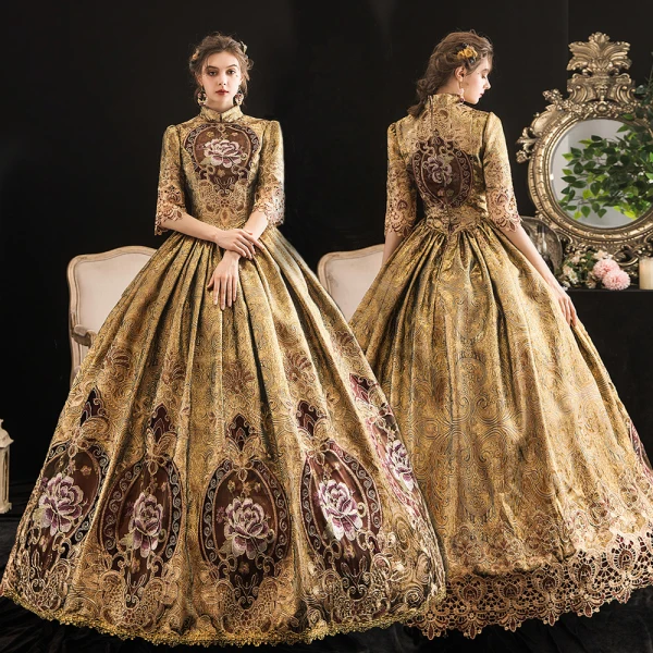 Vintage / Retro Medieval Gold Ball Gown Prom Dresses 2021 1/2 Sleeves High Neck Floor-Length / Long Zipper Up 3D Lace Printing Satin Cosplay Formal Dresses