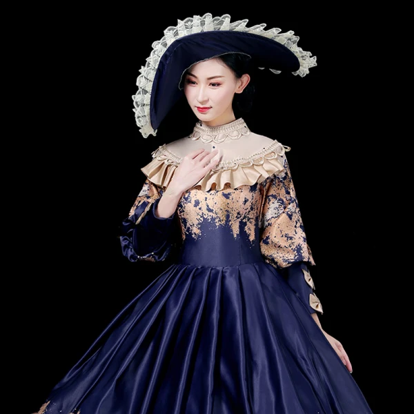 Vintage / Retro Medieval Navy Blue Ball Gown Prom Dresses 2021 Scoop Neck Long Sleeve Floor-Length / Long Lace Satin Printing Prom Formal Dresses
